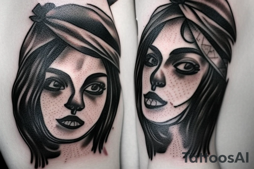 Chicano Girl with bandana and gun and backround shadows tattoo idea