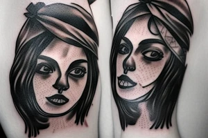 Chicano Girl with bandana and gun and backround shadows tattoo idea
