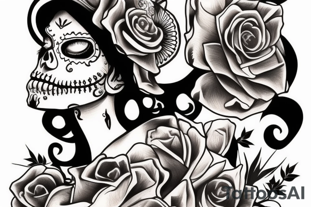 La Catrina with bandana and gun and backround shadows tattoo idea
