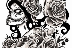 La Catrina with bandana and gun and backround shadows tattoo idea
