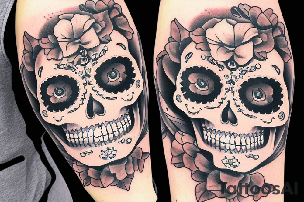 La Catrina with bandana and gun and backround shadows tattoo idea