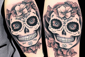 La Catrina with bandana and gun and backround shadows tattoo idea