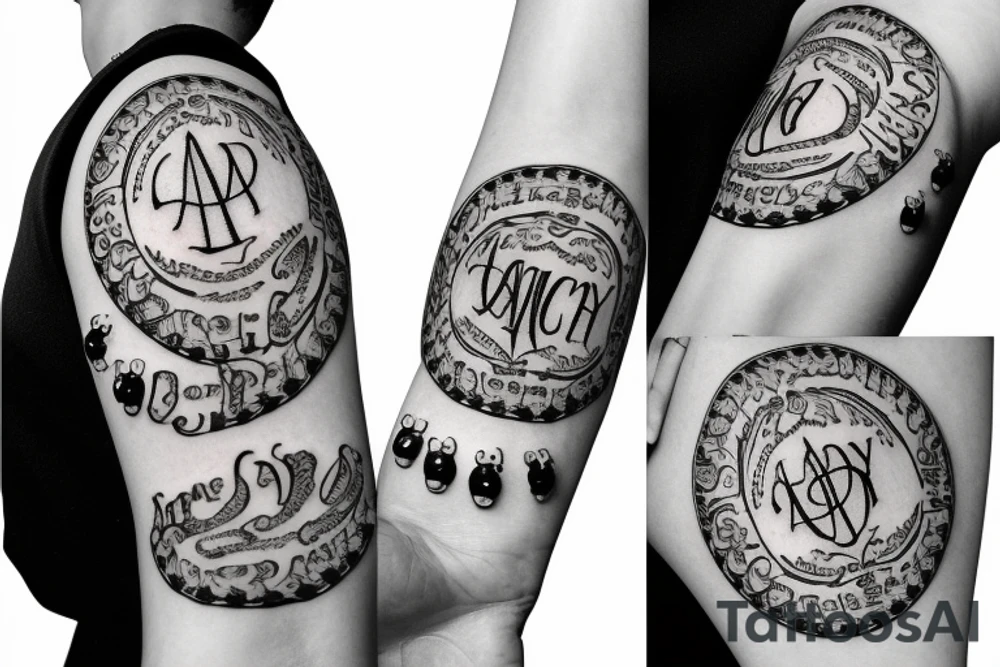 ambigram with " abraham ancy " with rosary arm band tattoo idea