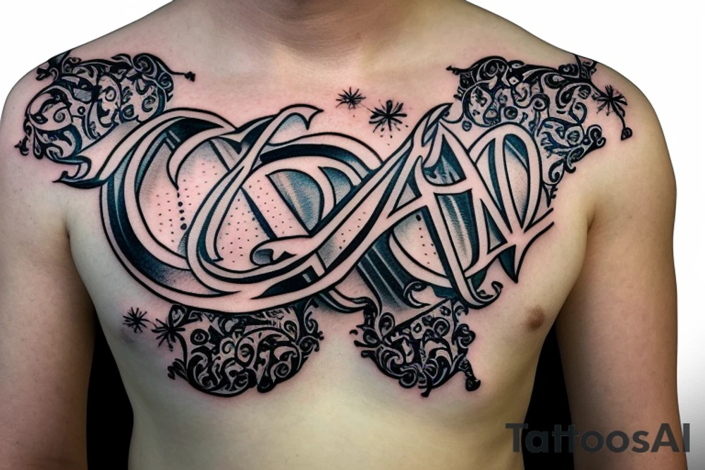 ambigram with " abraham ancy " with rosary arm band tattoo idea