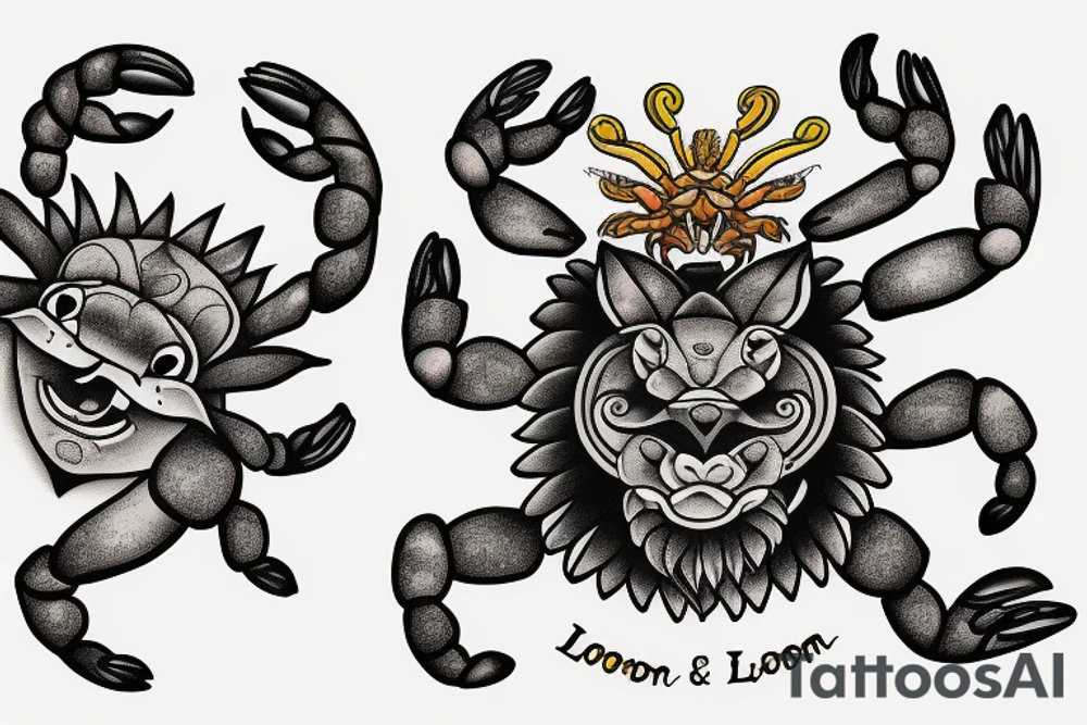 Crab and lion in love tattoo idea