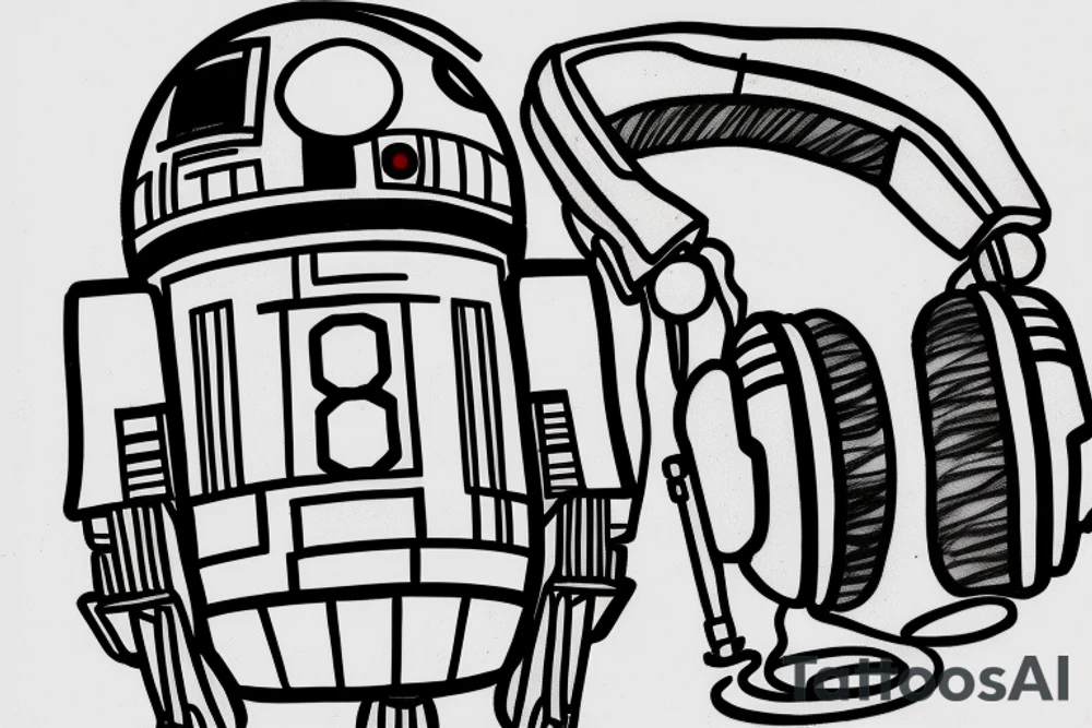 R2D2 listening to music, in Form with notes, Little Tattoo on the bieceps tattoo idea