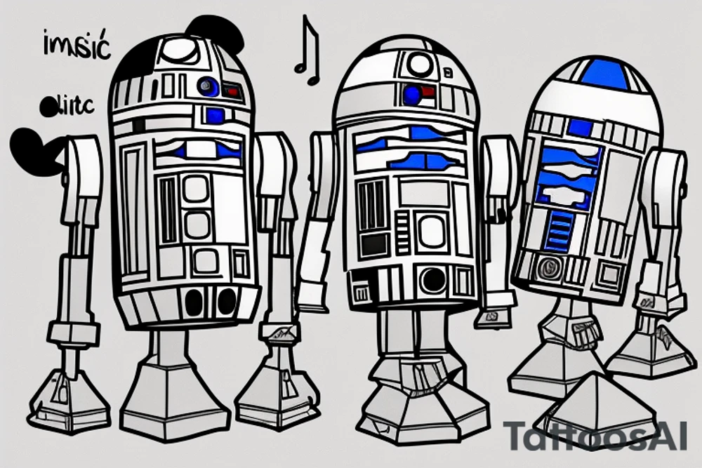 R2D2 listening to music, in Form with notes, Little Tattoo on the bieceps tattoo idea