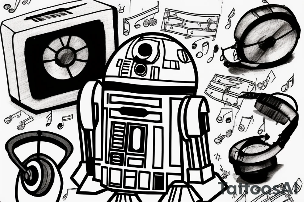 R2D2 listening to music, in Form with notes, Little Tattoo on the bieceps tattoo idea
