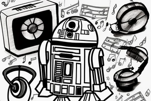 R2D2 listening to music, in Form with notes, Little Tattoo on the bieceps tattoo idea