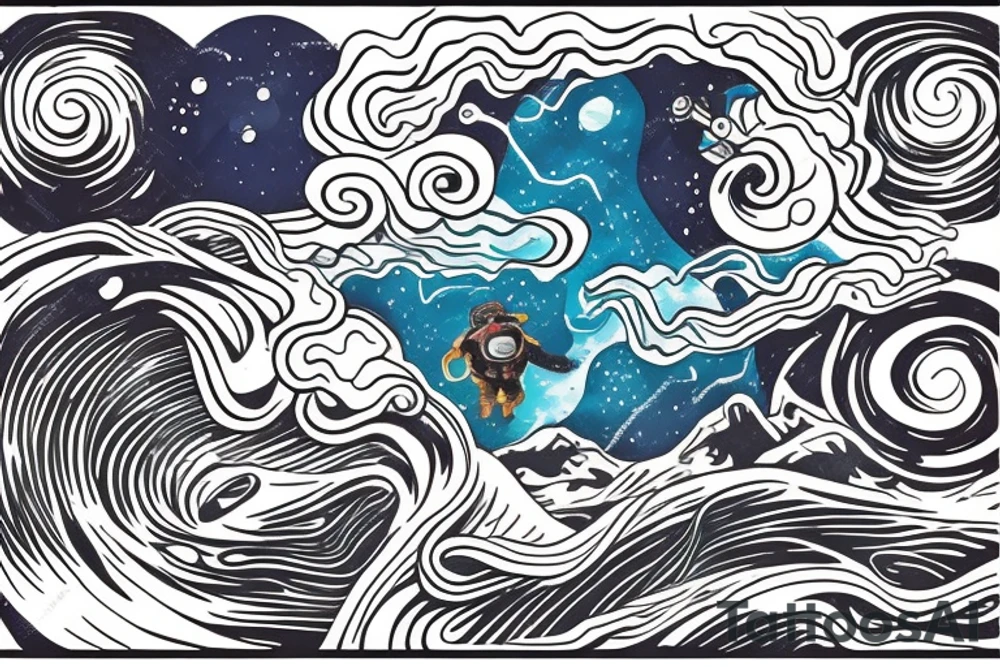 From the monkey head is coming out the space. The space is transforming into the sea and twist into a spiral like a wave.
 a small astronaut surfer on that wave. tattoo idea