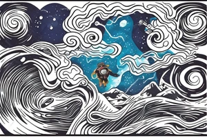From the monkey head is coming out the space. The space is transforming into the sea and twist into a spiral like a wave.
 a small astronaut surfer on that wave. tattoo idea