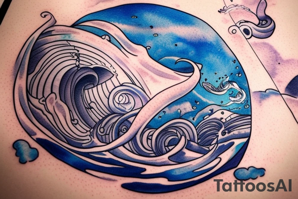 From the monkey head is coming out the space. The space is transforming into the sea and twist into a spiral like a wave.
 a small astronaut surfer on that wave. tattoo idea