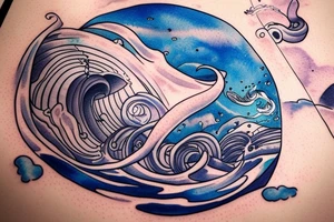 From the monkey head is coming out the space. The space is transforming into the sea and twist into a spiral like a wave.
 a small astronaut surfer on that wave. tattoo idea