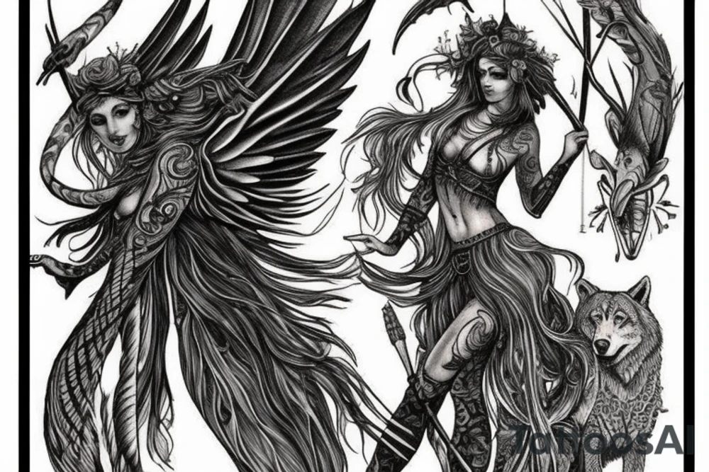 I want a tattoo for my right arm of Arthemis, the goodess of hunt, with a wolf tattoo idea