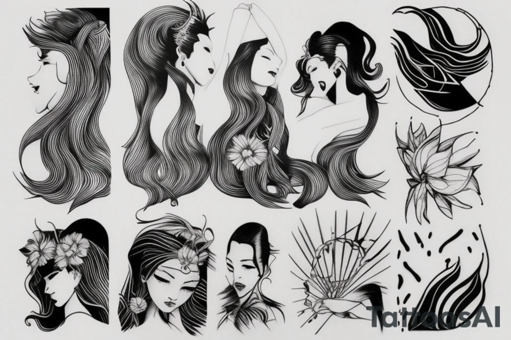tattoo design, black ink, line art, white background, woman, beautiful, simple, few lines, aesthetic, clean lines, stencil, pencil sketch, black and white tattoo idea