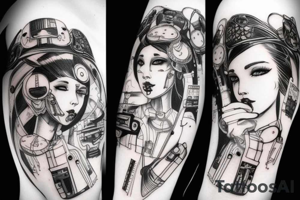 cyberpunk, surreal, girl, robot tattoo idea