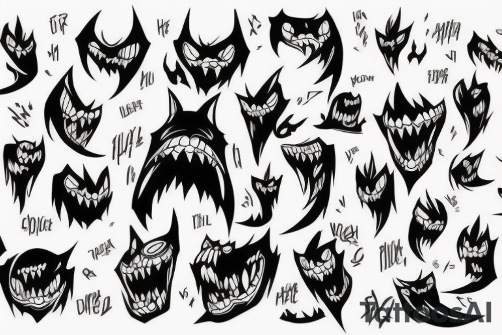 illustration, clean, simple lines, linework, anime, monster tattoo idea