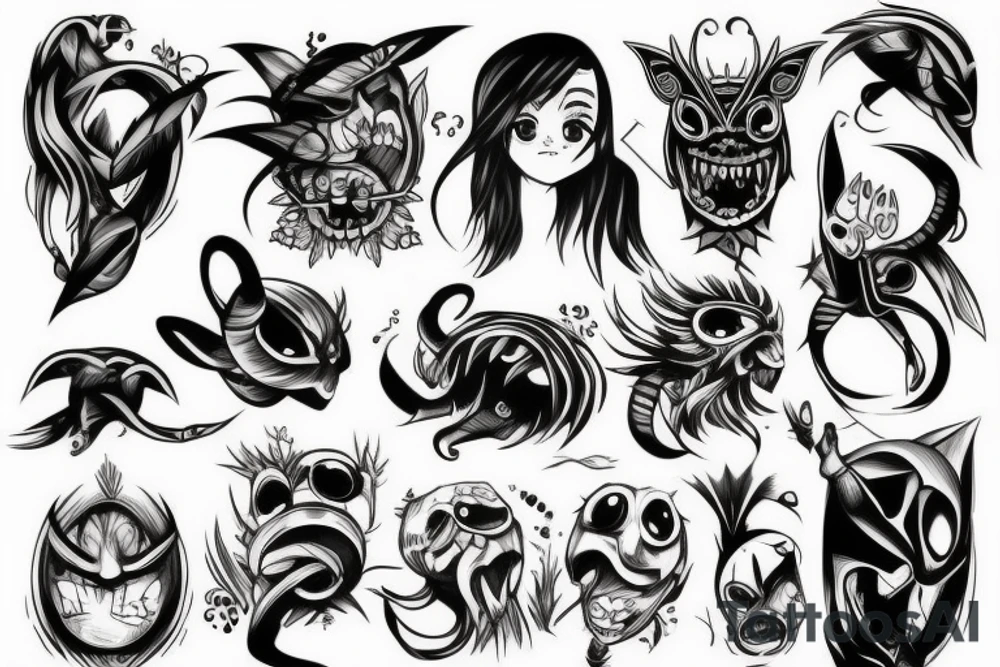 illustration, clean, simple lines, linework, anime, monster tattoo idea