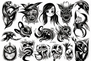 illustration, clean, simple lines, linework, anime, monster tattoo idea