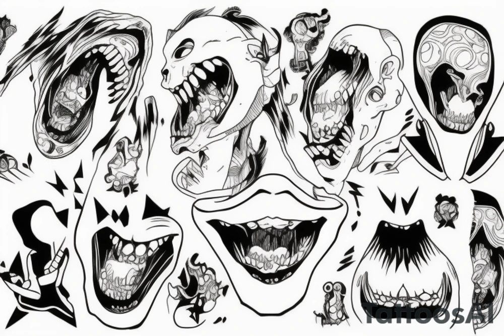 illustration, clean, simple lines, linework, anime, monster, junji ito typa tattoo idea