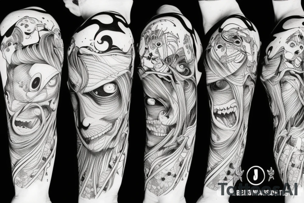 illustration, clean, simple lines, linework, anime, monster, junji ito typa tattoo idea