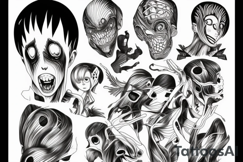 illustration, clean, simple lines, linework, anime, monster, junji ito typa tattoo idea