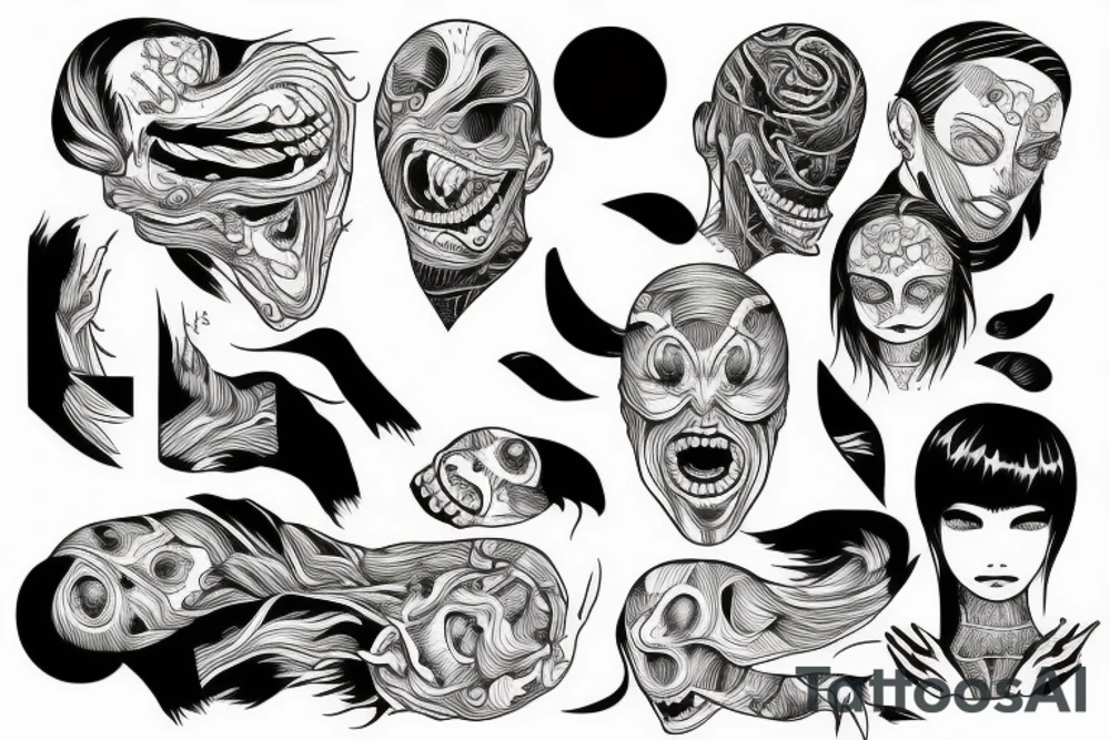 illustration, clean, simple lines, linework, monster, junji ito typa, woman tattoo idea