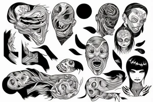 illustration, clean, simple lines, linework, monster, junji ito typa, woman tattoo idea
