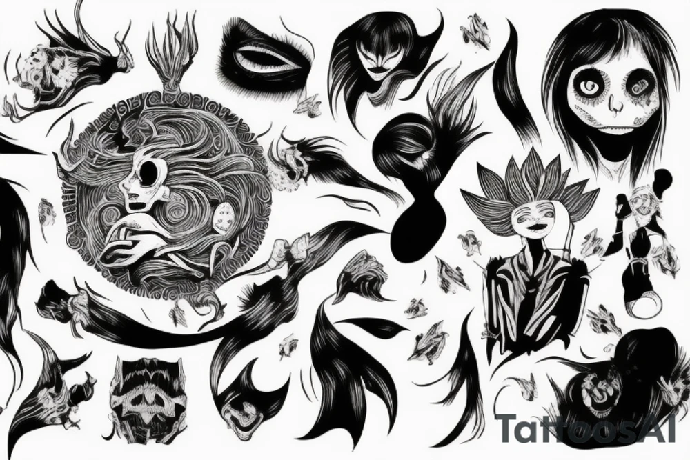 illustration, clean, simple lines, linework, monster, junji ito typa, woman tattoo idea