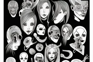 illustration, clean, simple lines, linework, junji ito typa, woman, cyberpunk tattoo idea