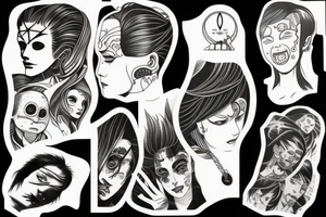 illustration, clean, simple lines, linework, junji ito typa, woman, cyberpunk tattoo idea