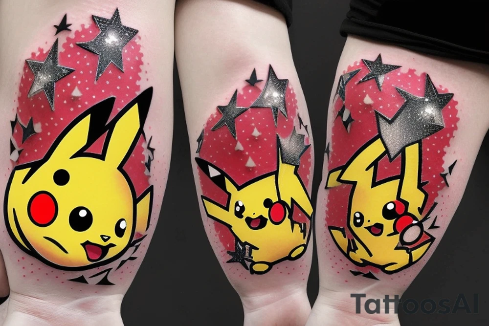 red pikachu pokemon with sparkle effect around it sitting in a tree tattoo idea