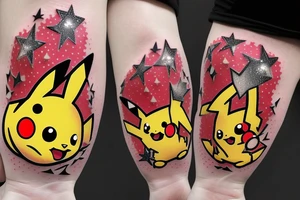 red pikachu pokemon with sparkle effect around it sitting in a tree tattoo idea