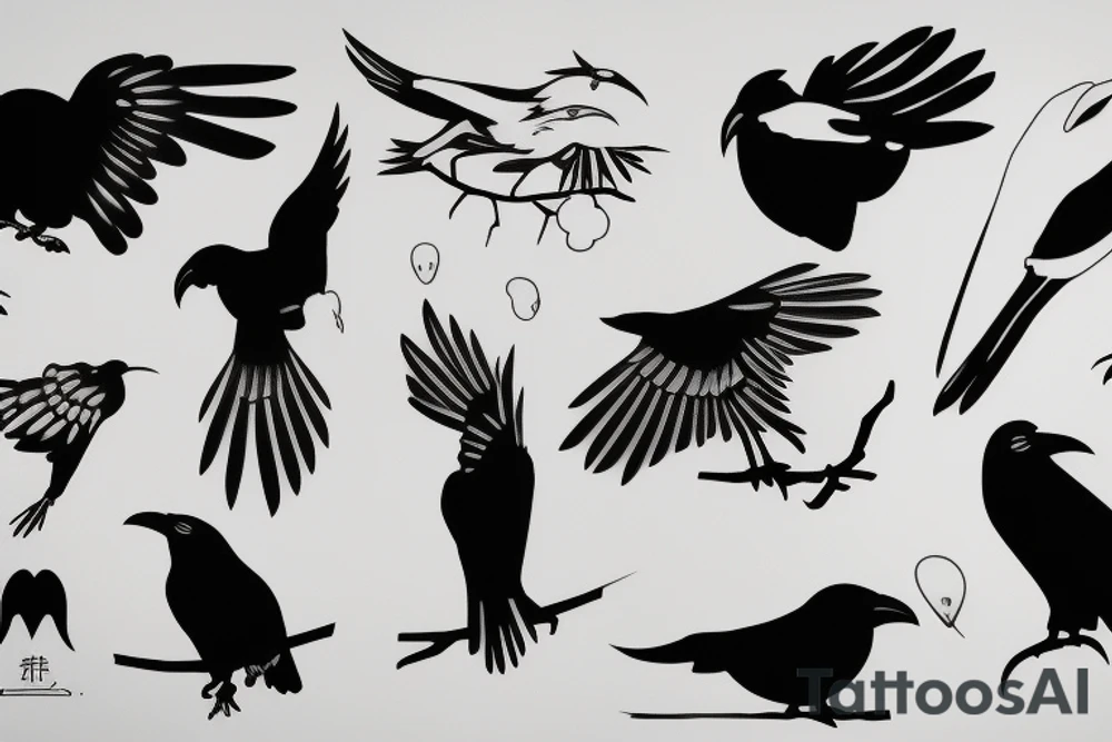 simplistic, clean lines, line work, raven, crow, flash art tattoo idea