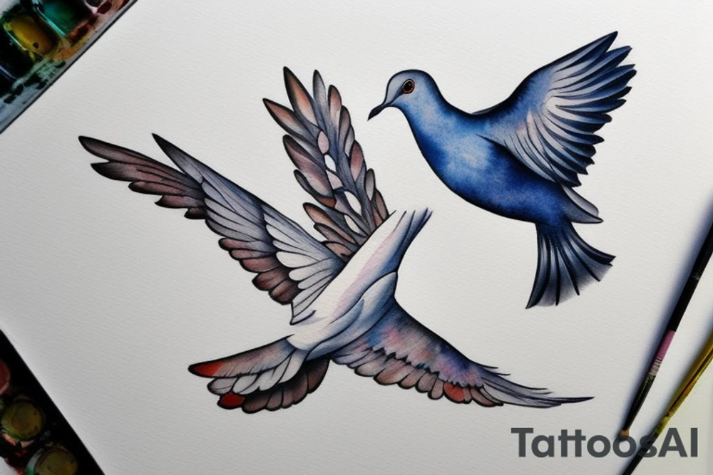 A realistic painting of a dove and a raven fighting mid-air tattoo idea