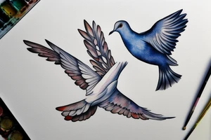 A realistic painting of a dove and a raven fighting mid-air tattoo idea