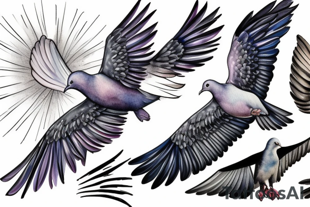 A realistic painting of a dove and a raven fighting mid-air tattoo idea