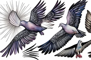 A realistic painting of a dove and a raven fighting mid-air tattoo idea