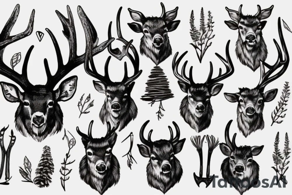 A deer with the severed head and antlers of another deer stuck in his antlers tattoo idea