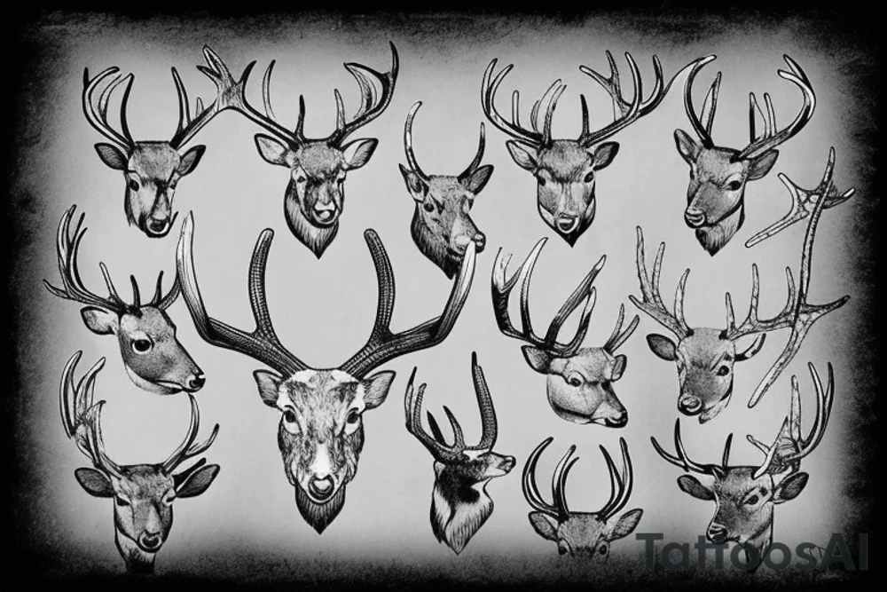 A deer with the severed head and antlers of another deer stuck in his antlers tattoo idea