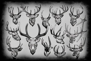 A deer with the severed head and antlers of another deer stuck in his antlers tattoo idea