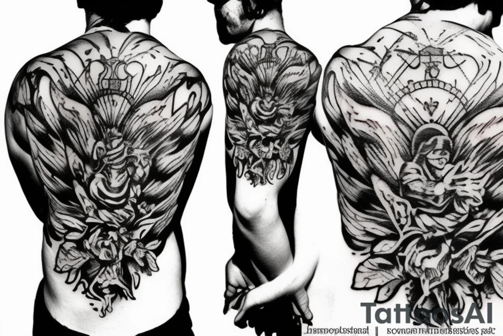 gladiator with fire and flowers tattoo idea