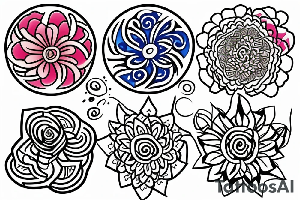 Small three primary colors of three circles or three flower petals tattoo idea