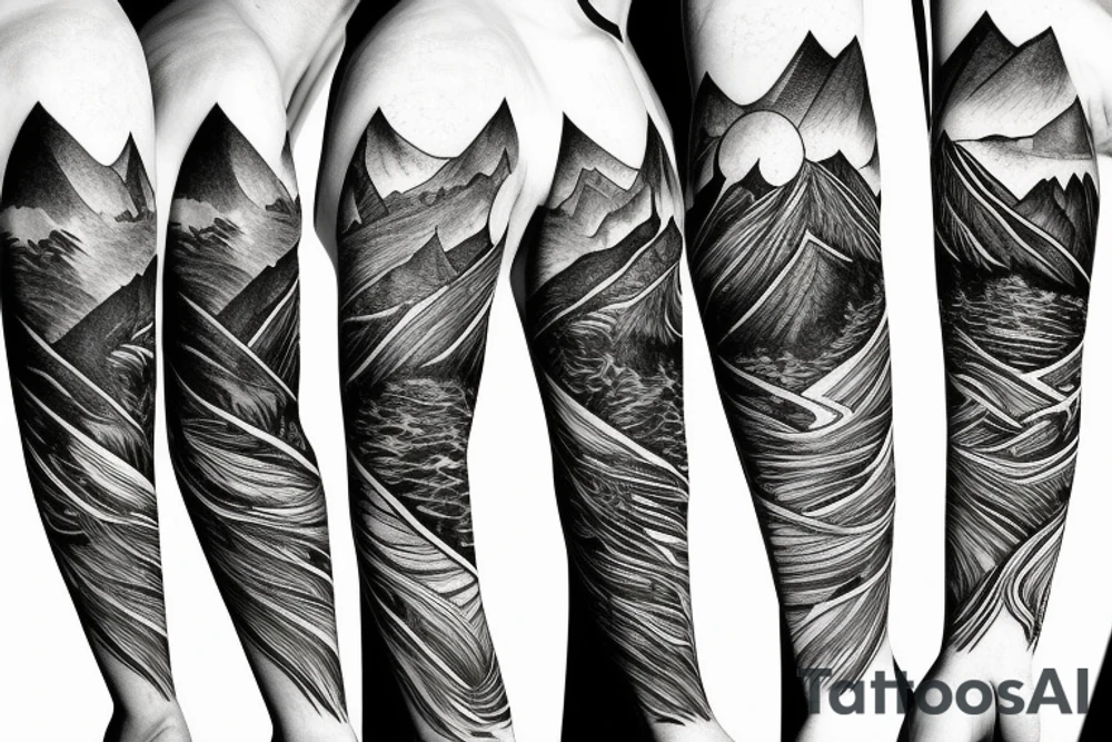 Mountains and trees sleeve, taken over by technology tattoo idea