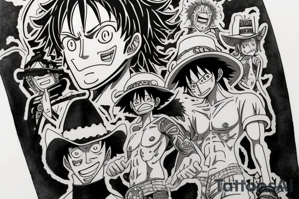 Write a sketch for a tattoo design that incorporates elements from the anime One Piece, Cowboy Bebop, Great Teacher Onizuka, and Gintama. The tattoo should be located on the forearm and feature a central figure of Monkey D. Luffy from One Piece, surrounded by references to the other anime. The design could include a silhouette of Spike Spiegel from Cowboy Bebop, a speech bubble with a quote from Great Teacher Onizuka, a small image of Gintoki Sakata from Gintama, and background elements such as cherry blossoms, stars, and waves. The elements should be arranged in a cohesive and visually interesting composition. Feel free to modify or add elements to the design based on personal preferences and style. tattoo idea