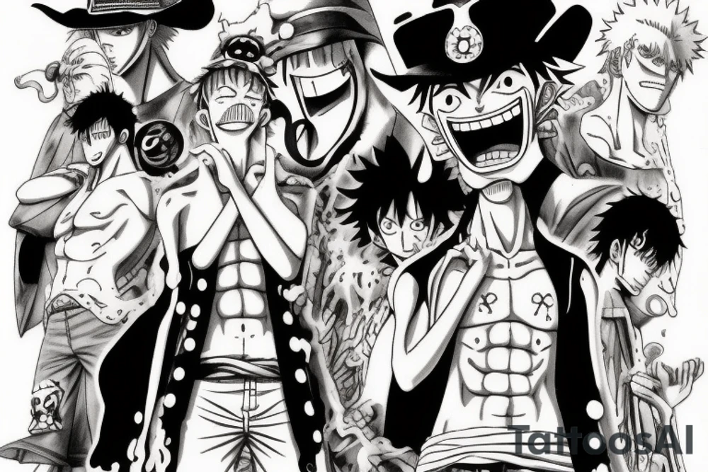 Write a sketch for a tattoo design that incorporates elements from the anime One Piece, Cowboy Bebop, Great Teacher Onizuka, and Gintama. The tattoo should be located on the forearm and feature a central figure of Monkey D. Luffy from One Piece, surrounded by references to the other anime. The design could include a silhouette of Spike Spiegel from Cowboy Bebop, a speech bubble with a quote from Great Teacher Onizuka, a small image of Gintoki Sakata from Gintama, and background elements such as cherry blossoms, stars, and waves. The elements should be arranged in a cohesive and visually interesting composition. Feel free to modify or add elements to the design based on personal preferences and style. tattoo idea