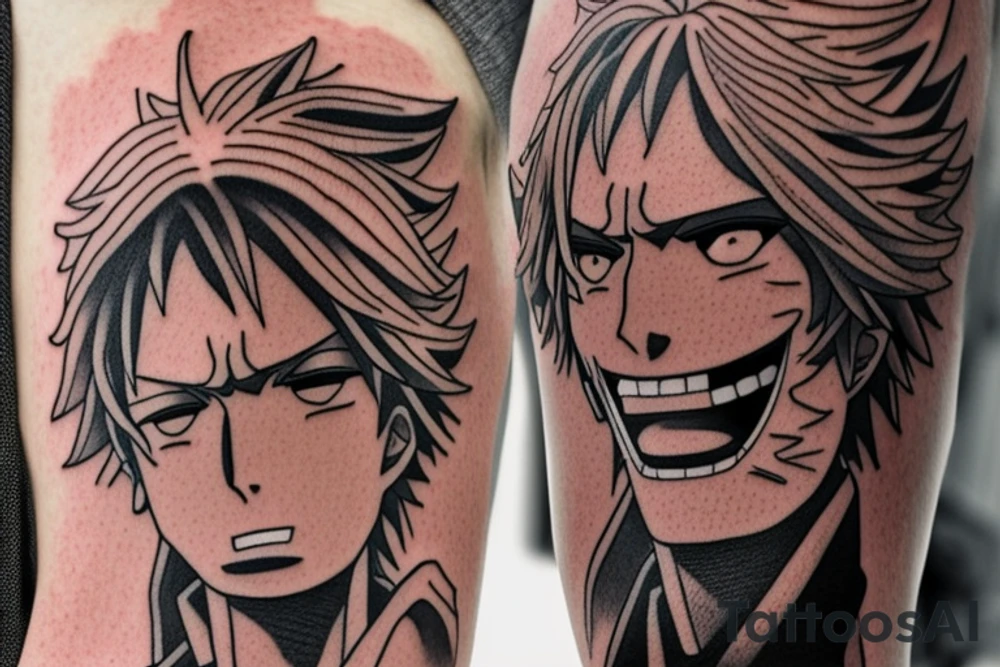 Write a sketch for a tattoo design that incorporates elements from the anime One Piece, Cowboy Bebop, Great Teacher Onizuka, and Gintama. The tattoo should be located on the forearm and feature a central figure of Monkey D. Luffy from One Piece, surrounded by references to the other anime. The design could include a silhouette of Spike Spiegel from Cowboy Bebop, a speech bubble with a quote from Great Teacher Onizuka, a small image of Gintoki Sakata from Gintama, and background elements such as cherry blossoms, stars, and waves. The elements should be arranged in a cohesive and visually interesting composition. Feel free to modify or add elements to the design based on personal preferences and style. tattoo idea