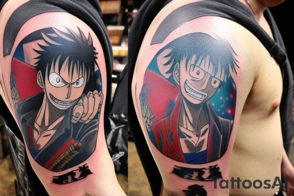 tattoo design that incorporates elements from the anime One Piece, Cowboy Bebop, Great Teacher Onizuka, and Gintama. The tattoo should be located on the forearm and feature a central figure of Monkey D. Luffy from One Piece, surrounded by references to the other anime. The design could include a silhouette of Spike Spiegel from Cowboy Bebop, a speech bubble with a quote from Great Teacher Onizuka, a small image of Gintoki Sakata from Gintama, and background elements such as cherry blossoms, stars, and waves. The elements should be arranged in a cohesive and visually interesting composition. Feel free to modify or add elements to the design based on personal preferences and style. tattoo idea