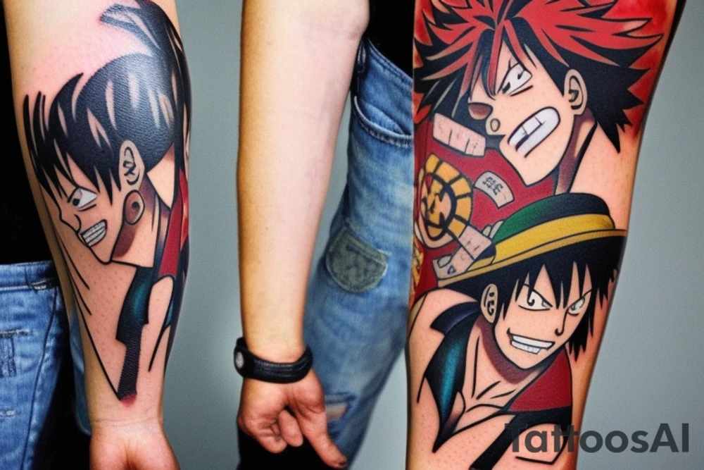 tattoo design that incorporates elements from the anime One Piece, Cowboy Bebop, Great Teacher Onizuka, and Gintama. The tattoo should be located on the forearm and feature a central figure of Monkey D. Luffy from One Piece, surrounded by references to the other anime. The design could include a silhouette of Spike Spiegel from Cowboy Bebop, a speech bubble with a quote from Great Teacher Onizuka, a small image of Gintoki Sakata from Gintama, and background elements such as cherry blossoms, stars, and waves. The elements should be arranged in a cohesive and visually interesting composition. Feel free to modify or add elements to the design based on personal preferences and style. tattoo idea