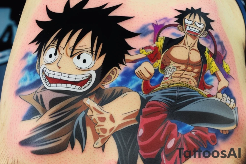 tattoo design that incorporates elements from the anime One Piece, Cowboy Bebop, Great Teacher Onizuka, and Gintama. The tattoo should be located on the forearm and feature a central figure of Monkey D. Luffy from One Piece, surrounded by references to the other anime. The design could include a silhouette of Spike Spiegel from Cowboy Bebop, a speech bubble with a quote from Great Teacher Onizuka, a small image of Gintoki Sakata from Gintama, and background elements such as cherry blossoms, stars, and waves. The elements should be arranged in a cohesive and visually interesting composition. Feel free to modify or add elements to the design based on personal preferences and style. tattoo idea